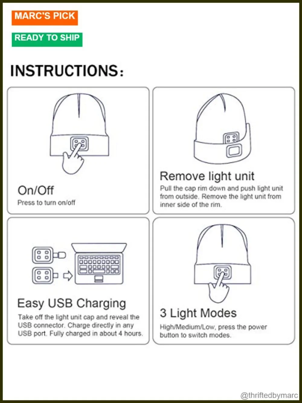 Unisex USB Rechargeable LED Beanie with Light Hands Free Headlamp Winter Knit